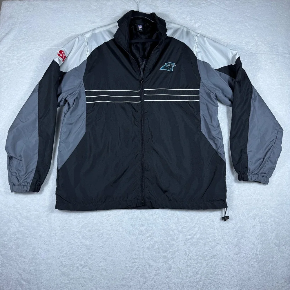 Reebok Carolina Panthers NFL Windbreaker Jacket Men Large Black Full Zip SI Logo